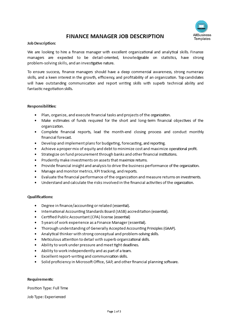 Finance Manager Job Description Gratis