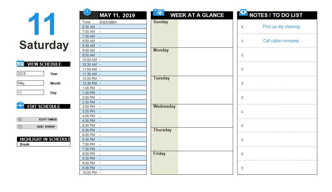 Advanced Daily Planner Excel Template Templates At Allbusinesstemplates