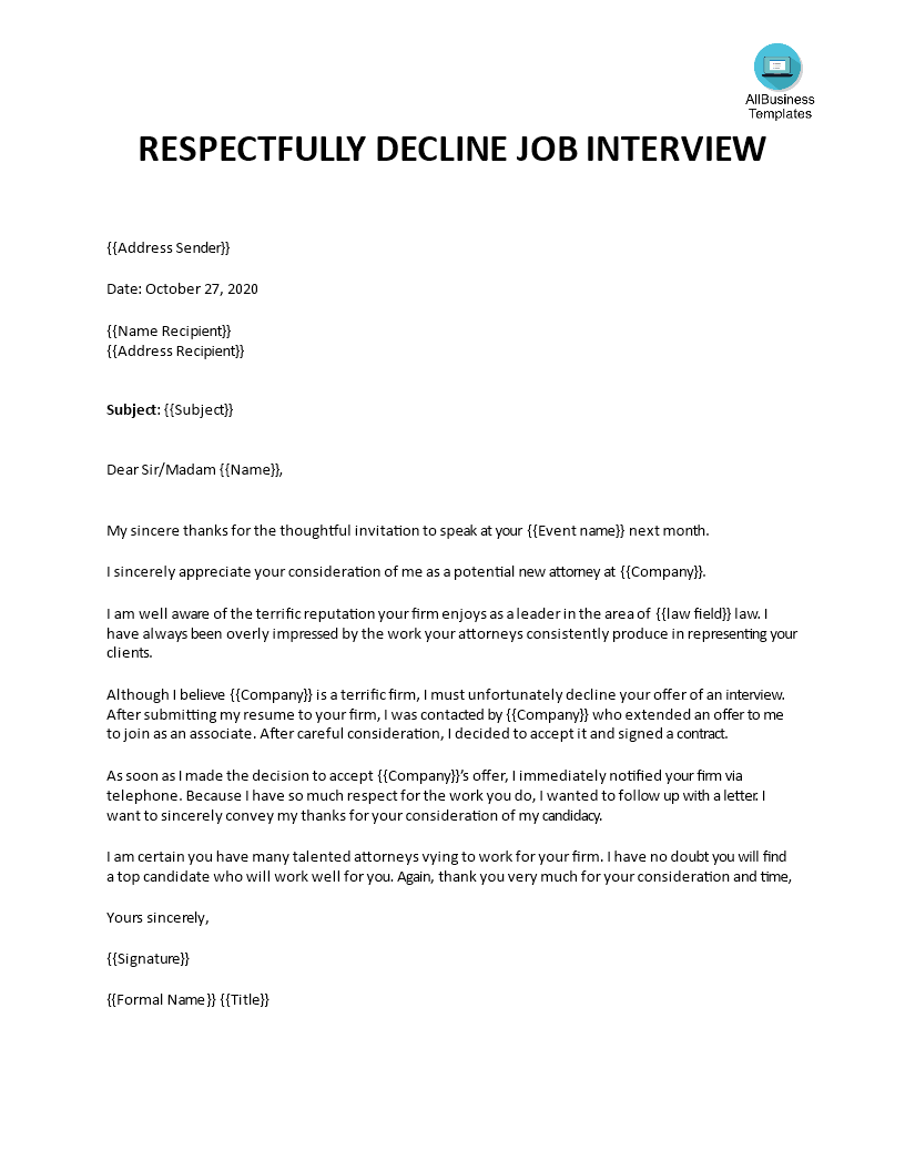 Decline Interview Offer Letter Templates At Allbusinesstemplates Com 