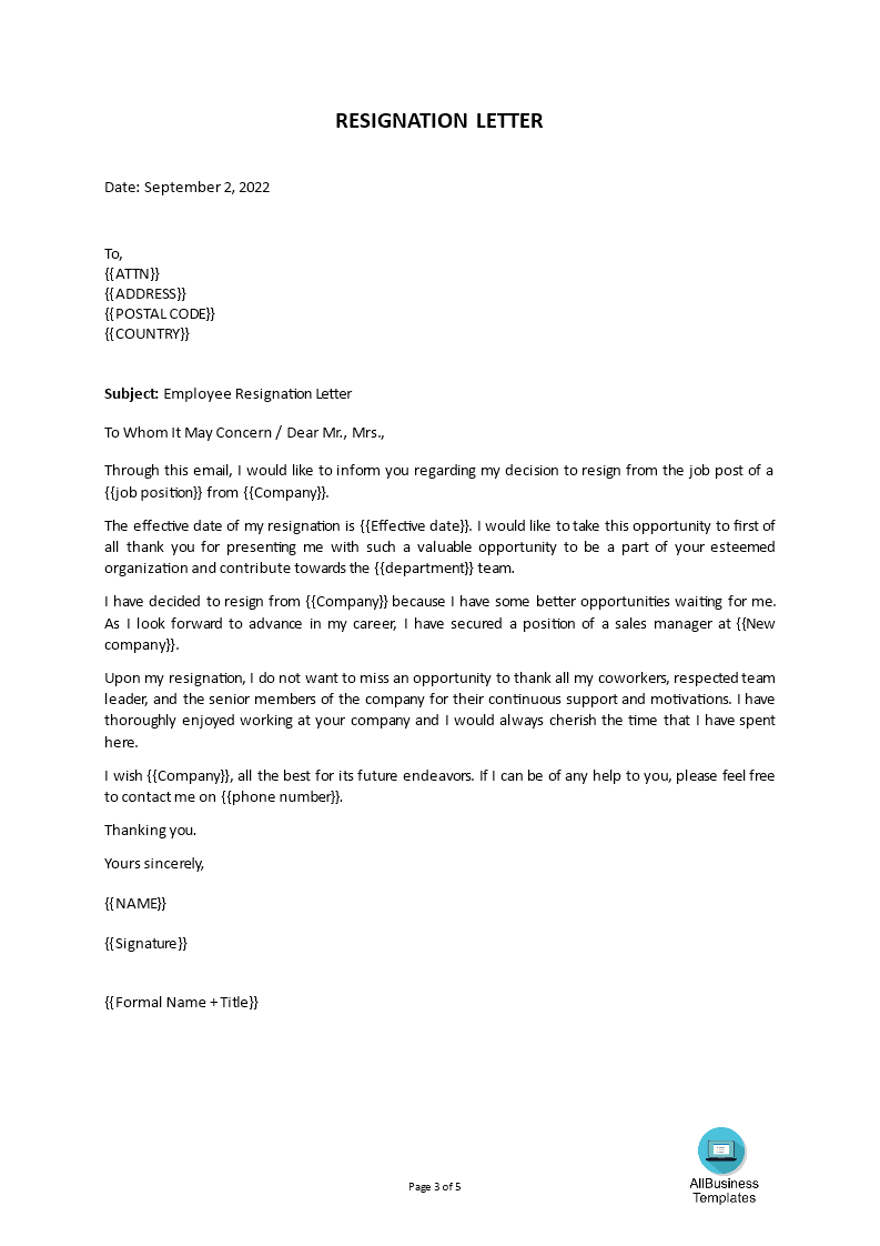 Gratis Formal Resignation Letter