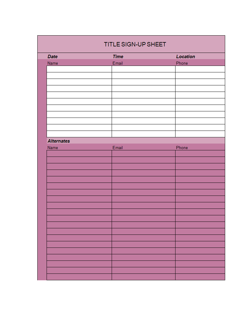 Kostenloses Sign up Sheet Excel