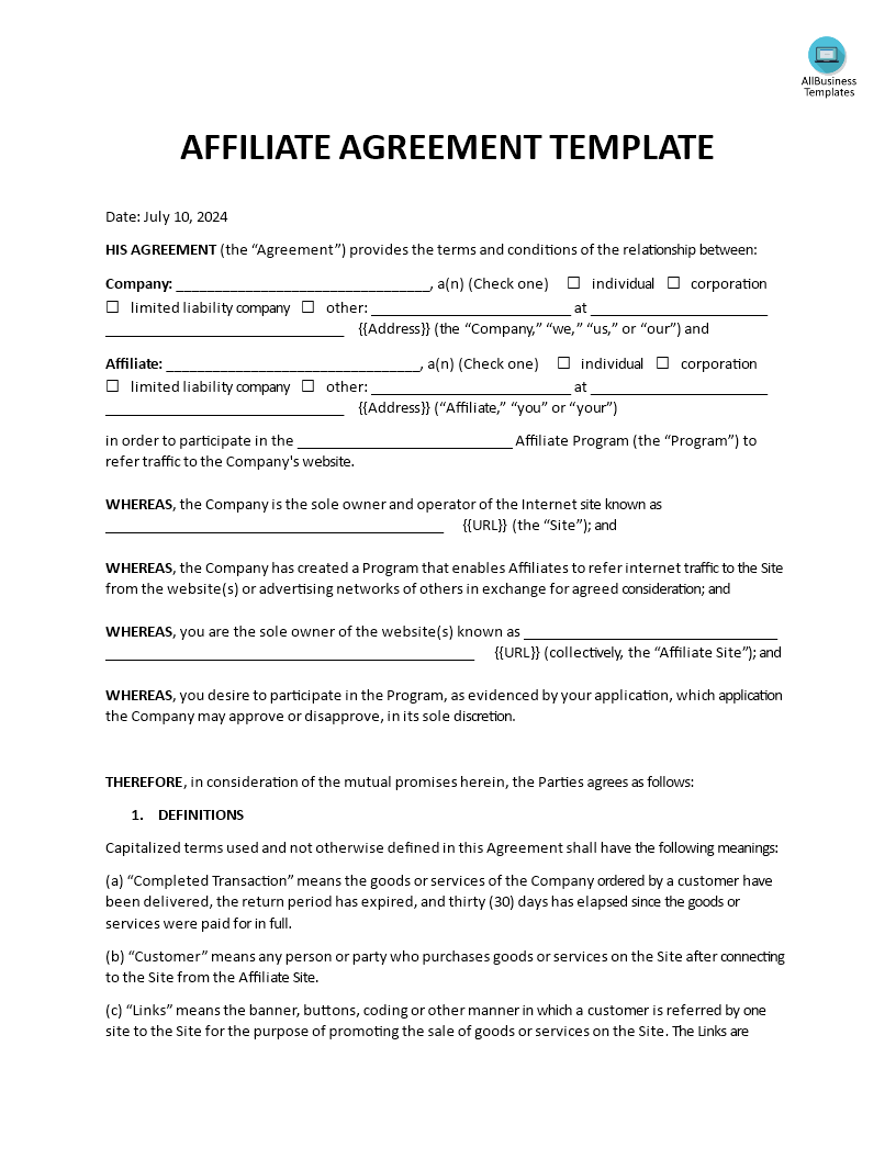 Affiliate Agreement Template 模板