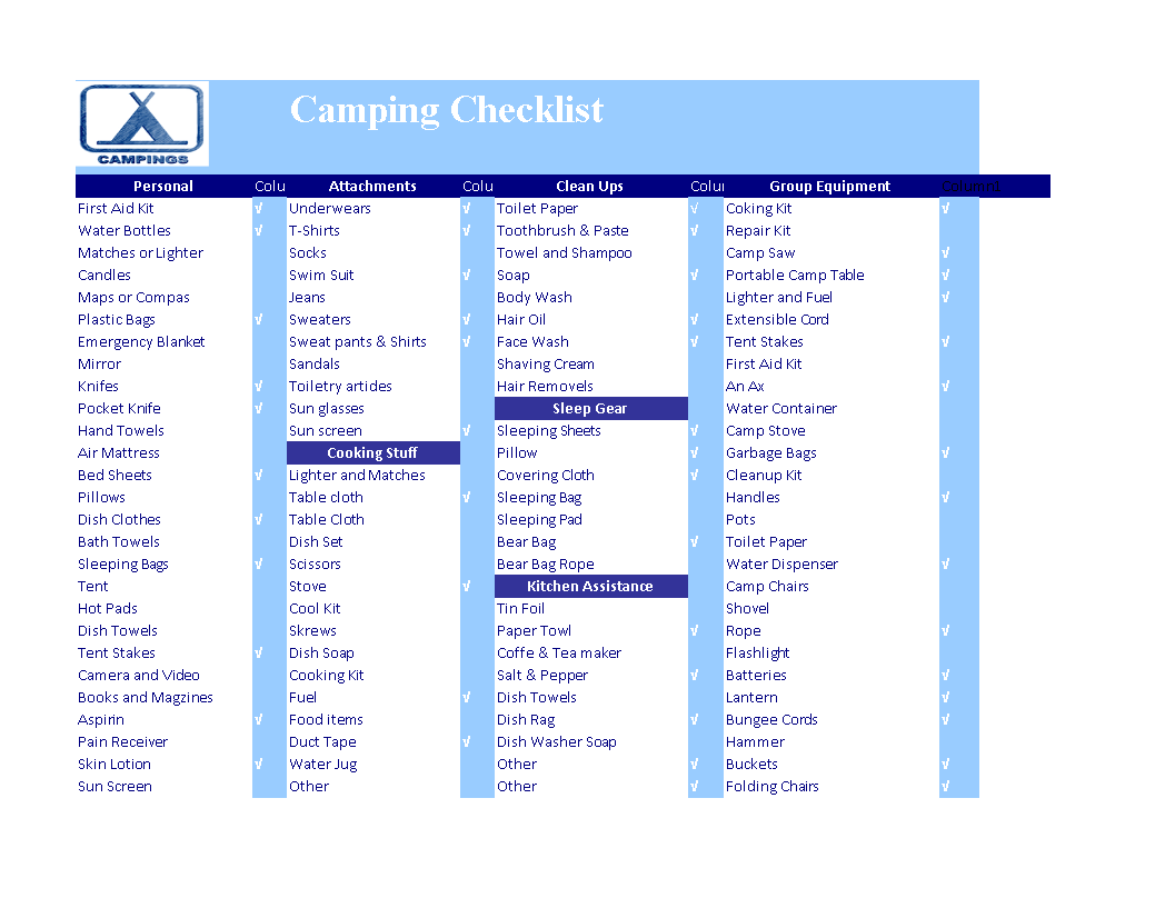 camping checklist spreadsheet