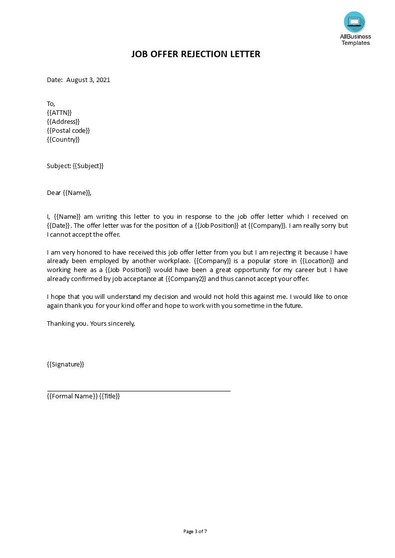 Kostenloses Email Job Offer Rejection Letter