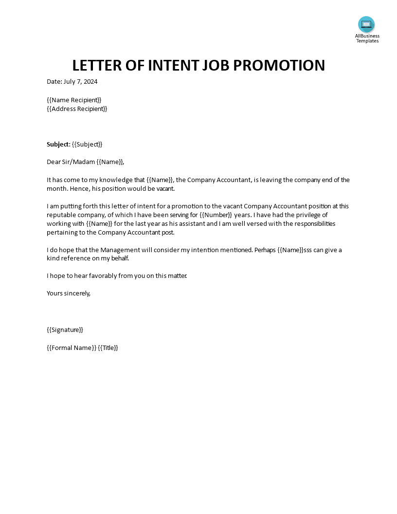 letter of intent job promotion voorbeeld afbeelding 