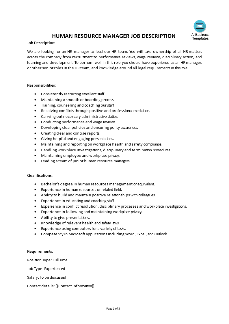  Human Resource Manager Job Description Allbusinesstemplates