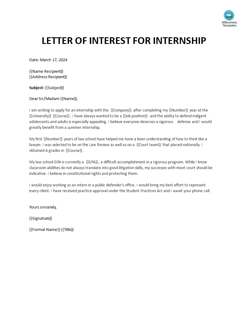 免费 Letter of Interest for Internship Sample 样本文件在