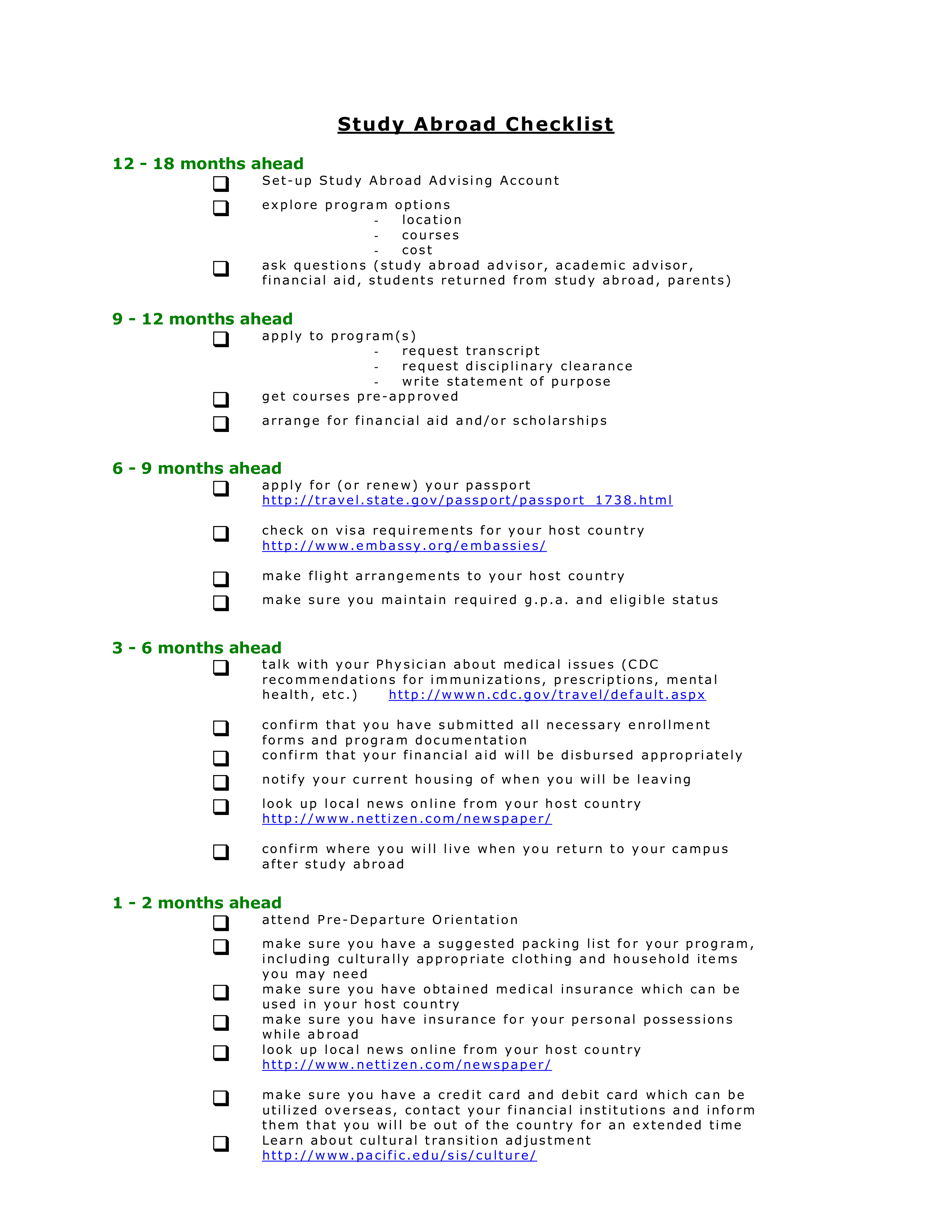 T l charger Gratuit Study Abroad Checklist