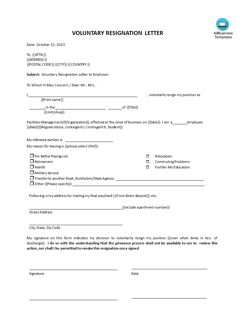 Voluntary Resignation Form