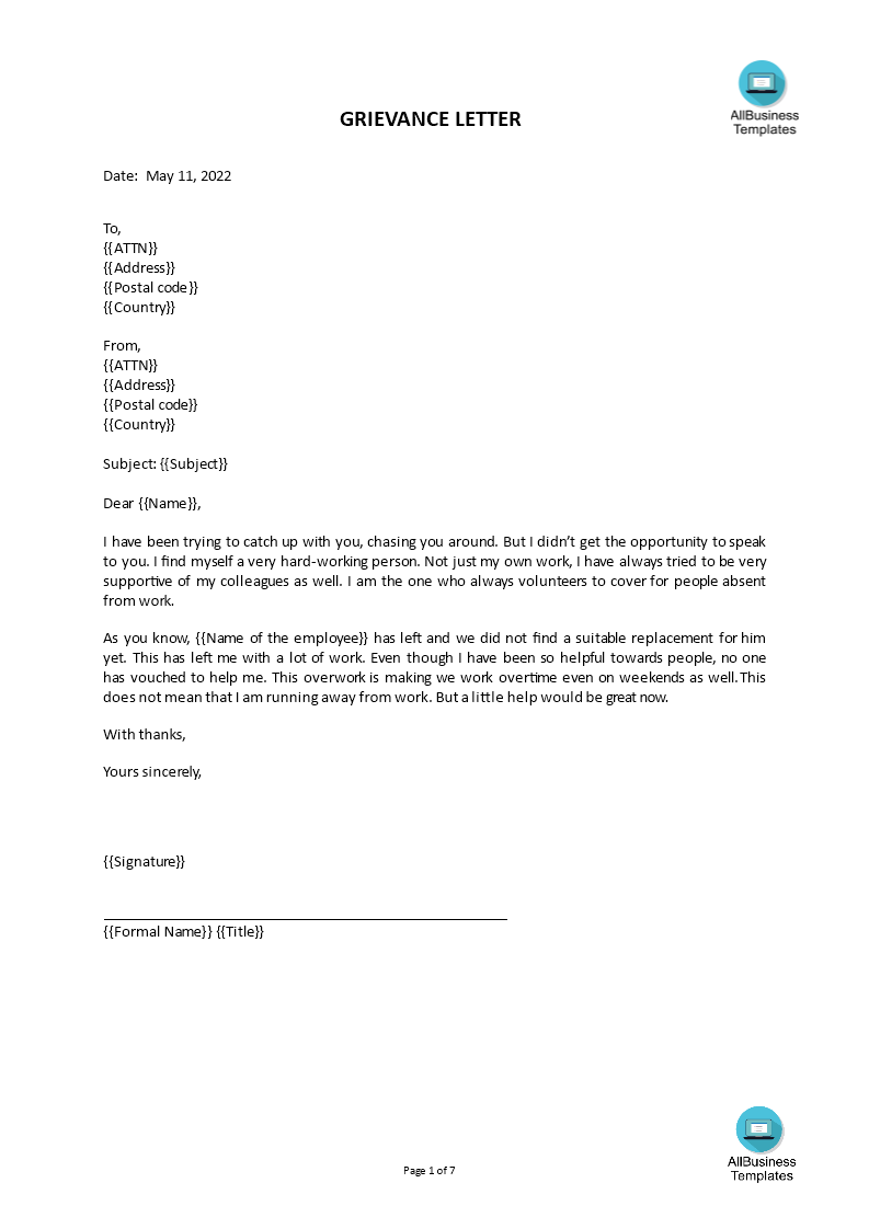 Kostenloses Formal Grievance Letter template