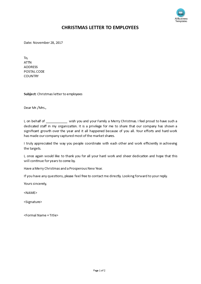 Kostenloses Christmas Letter To Employees