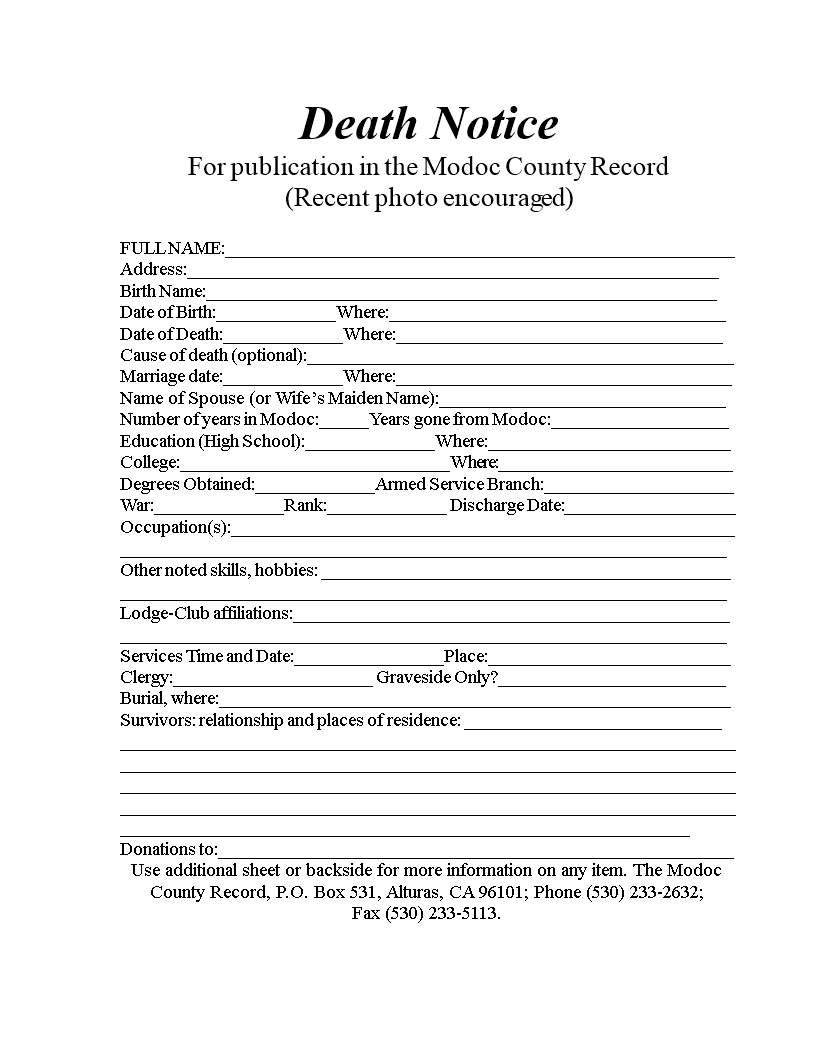 Death Notice Word Templates at