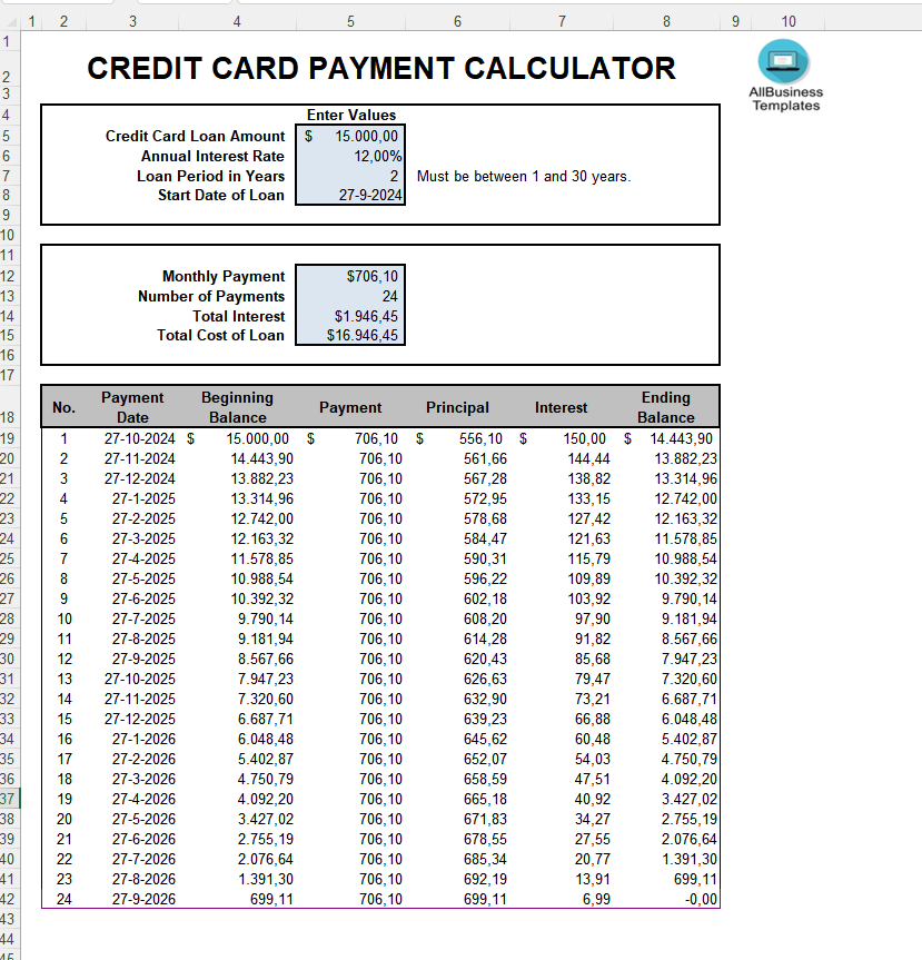 credit card payment calculator excel template