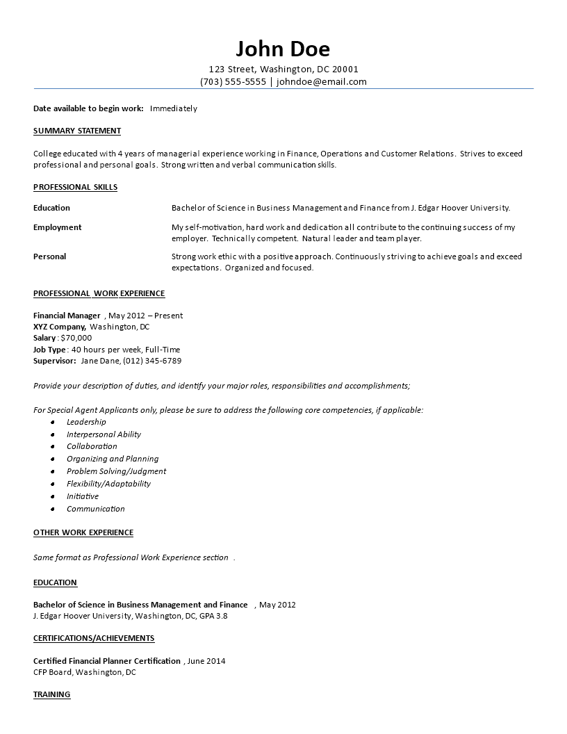 business management resume template