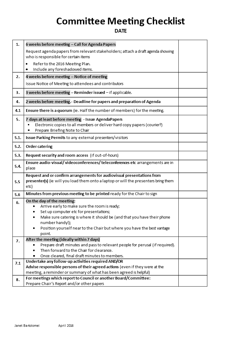 committee meeting checklist template