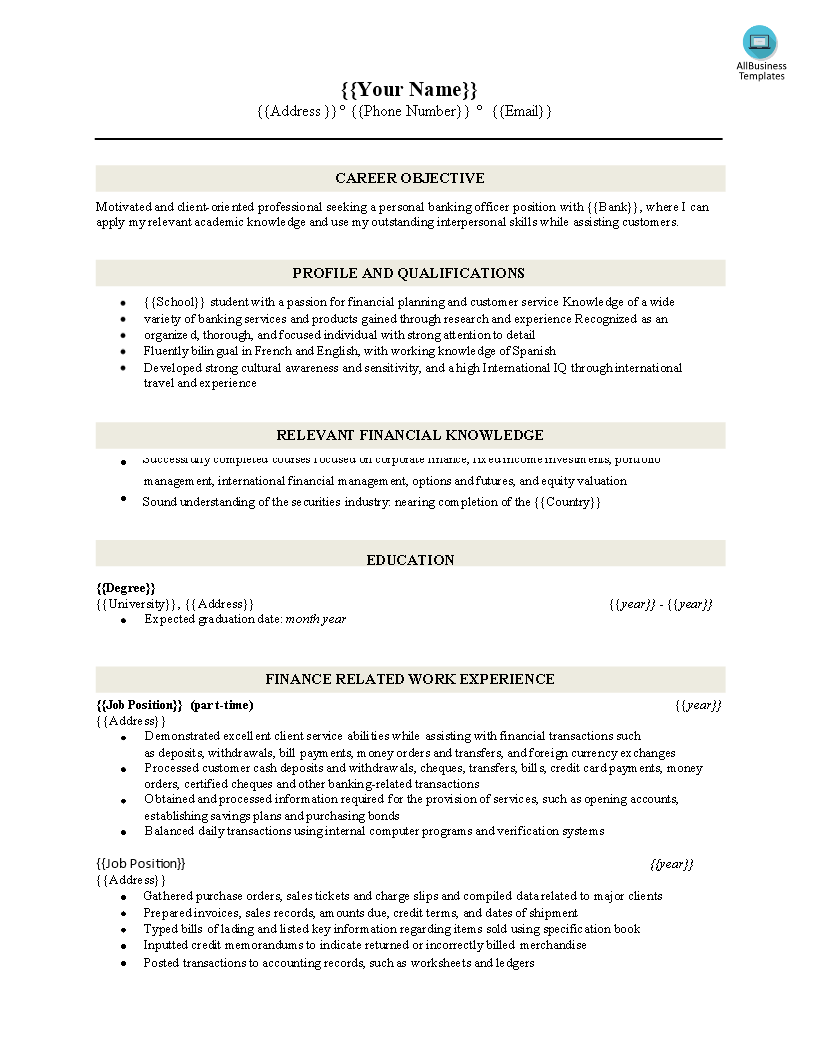 resume for bank customer service