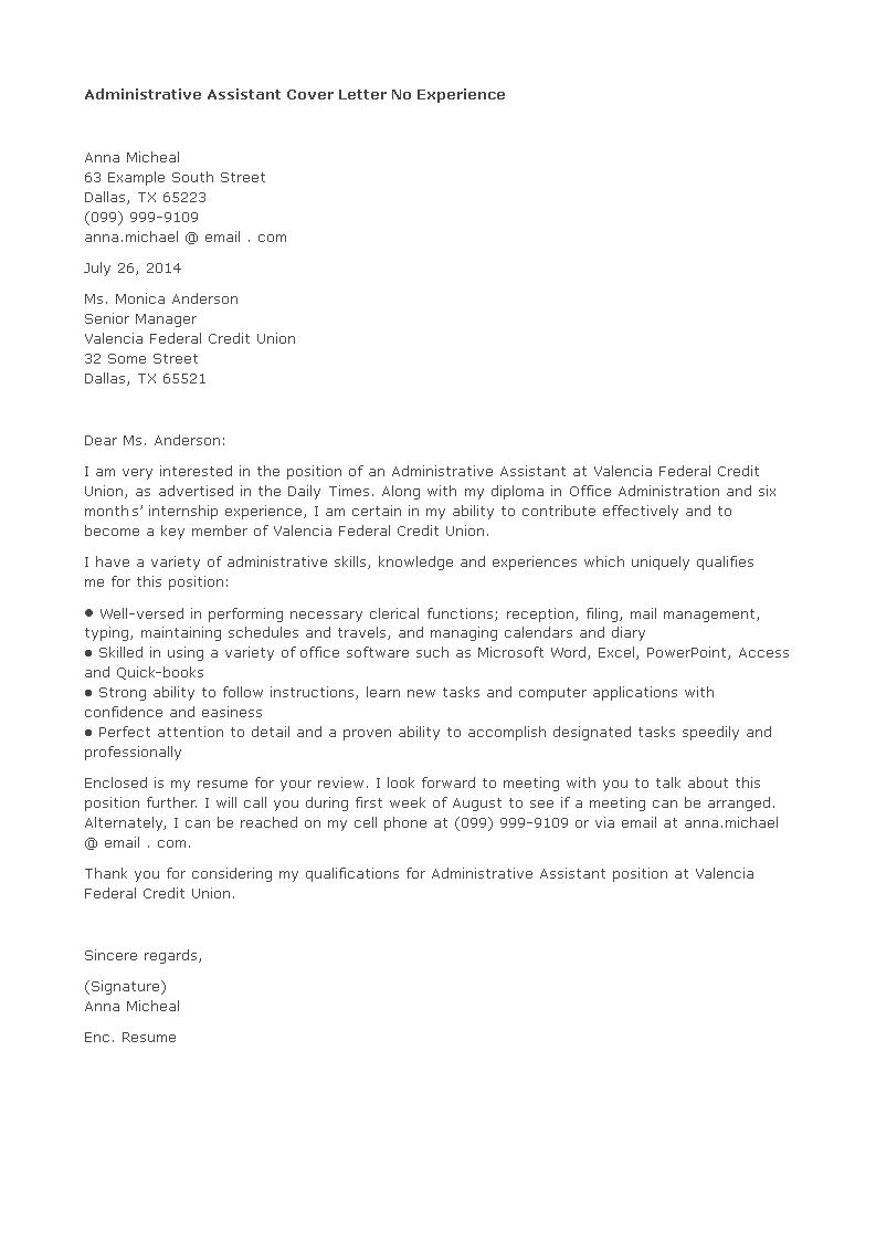 Administrative Assistant Cover Letter No Experience Templates At Allbusinesstemplates Com
