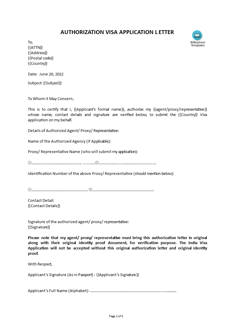 Kostenloses Visa Application Authorization Letter