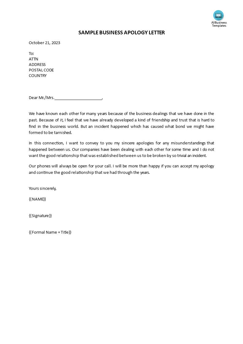 Sample Business Apology Letter | Templates at allbusinesstemplates.com