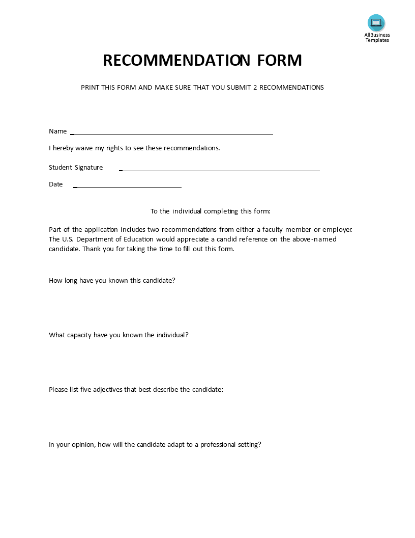 Internship Reference Letter Form 模板