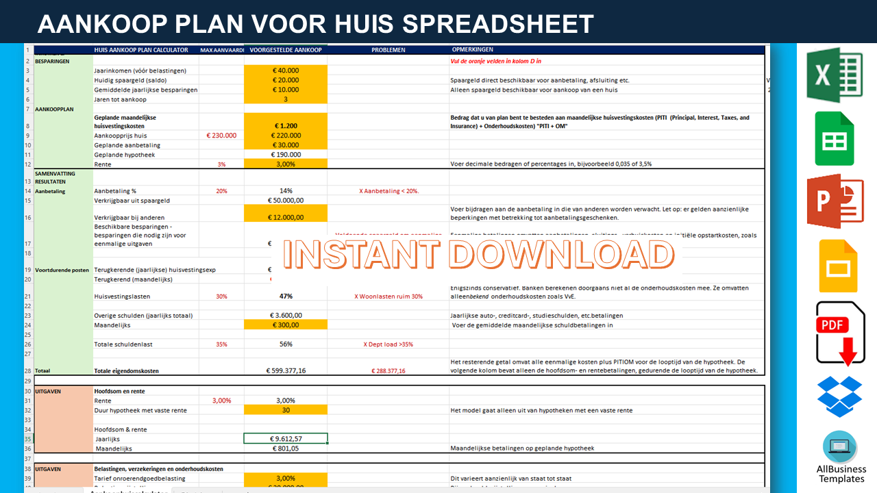 aankoop plan huis rekenmodel template