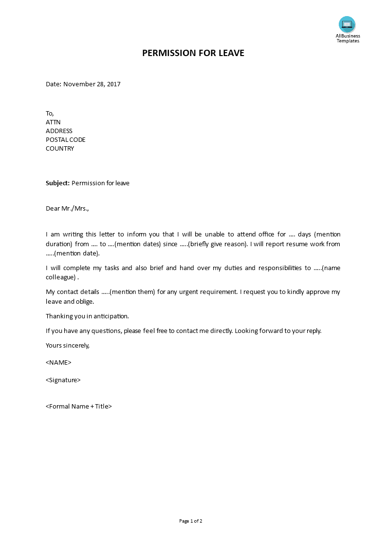 Permission Letter For Leave Format Sample Letters Vrogue co