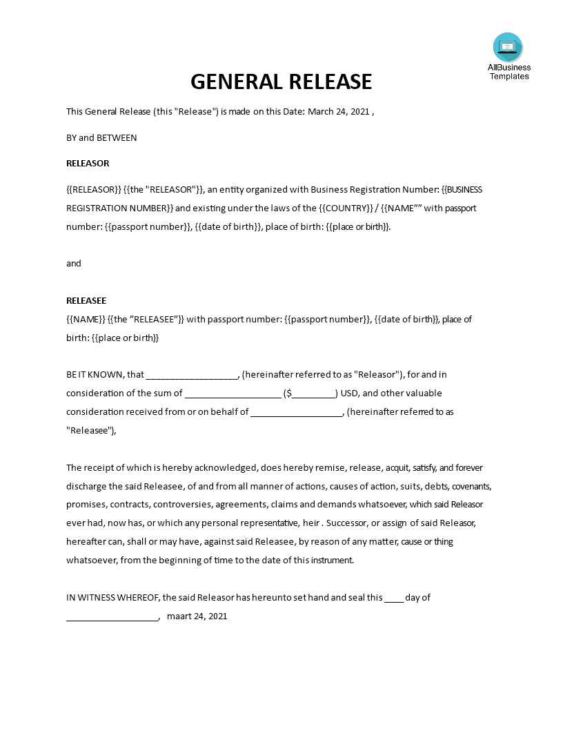 General Release Form Templates at