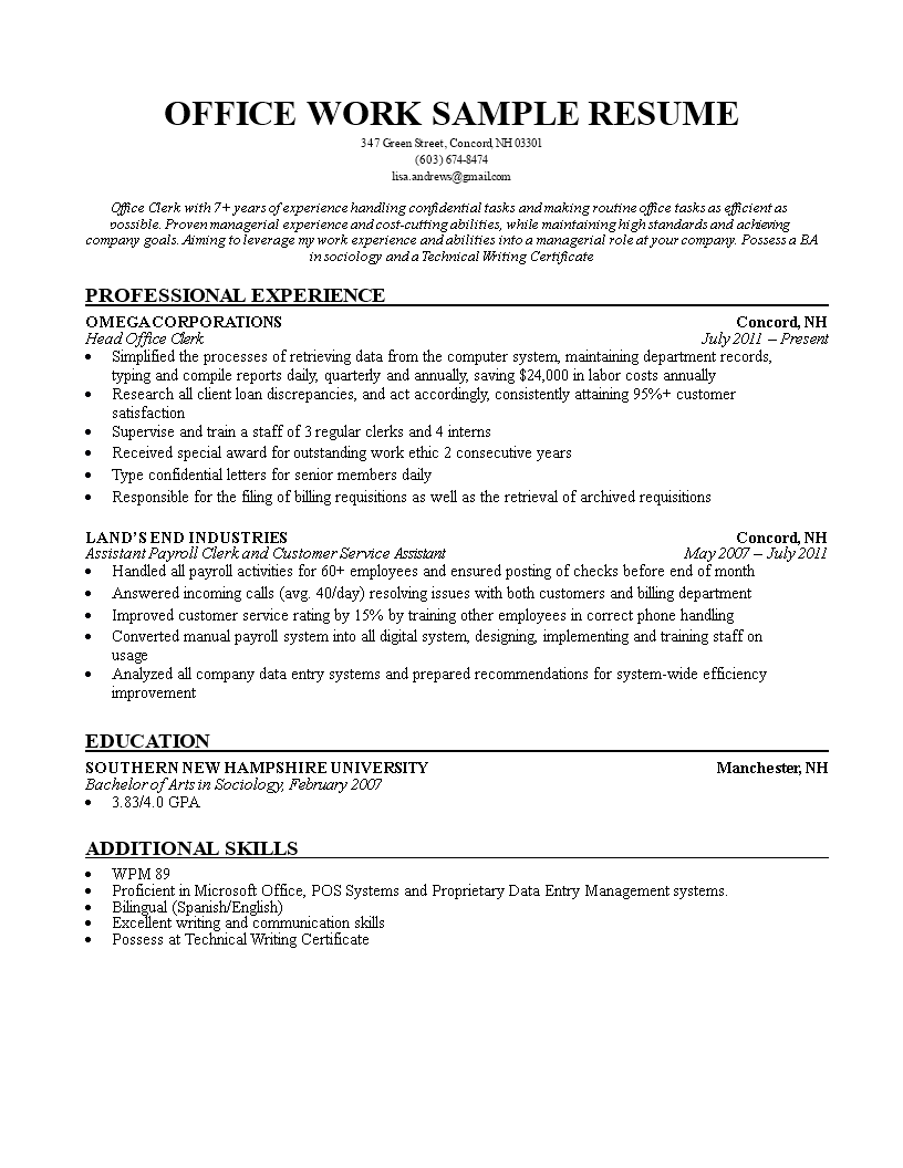 Office Clerk CV Sample | Templates at allbusinesstemplates.com