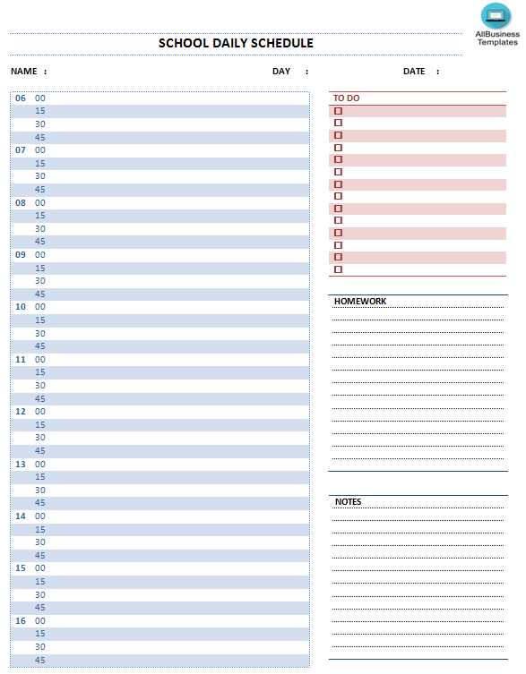 school daily schedule template