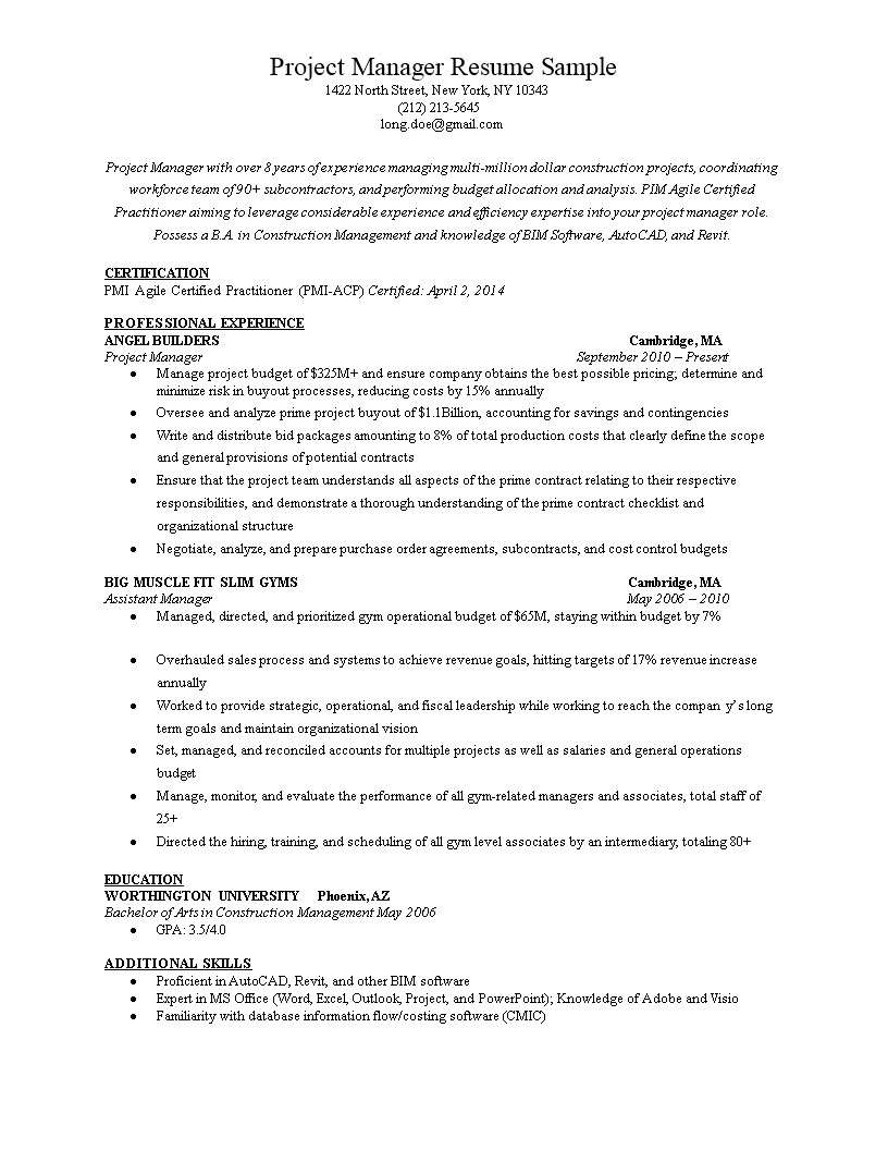 Resume Project Manager Templates At Allbusinesstemplates