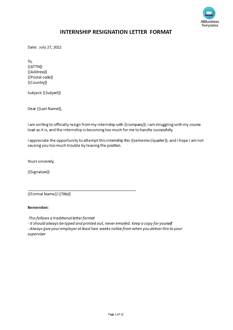 Internship Resignation Letter printable | Templates at ...