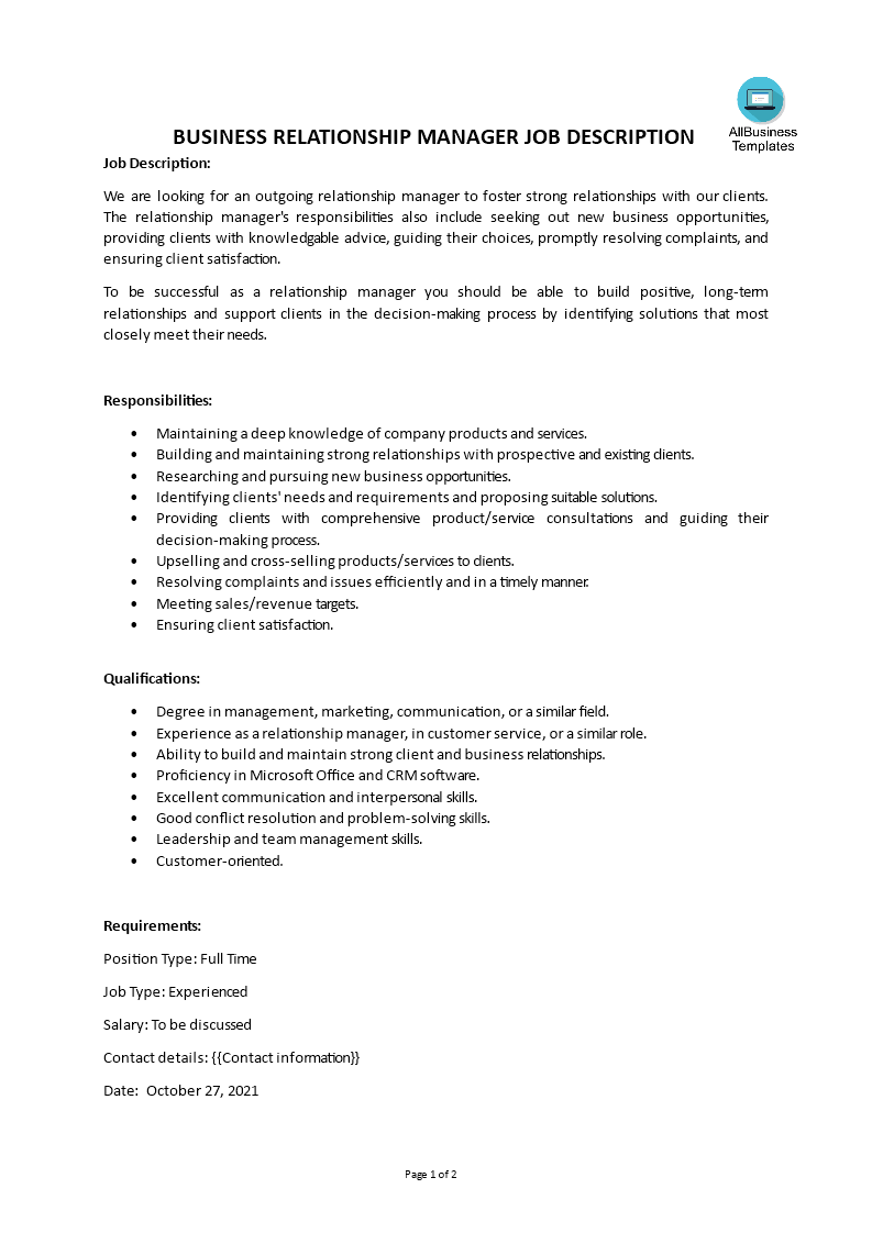 Gratis Business Relationship Manager Job Description