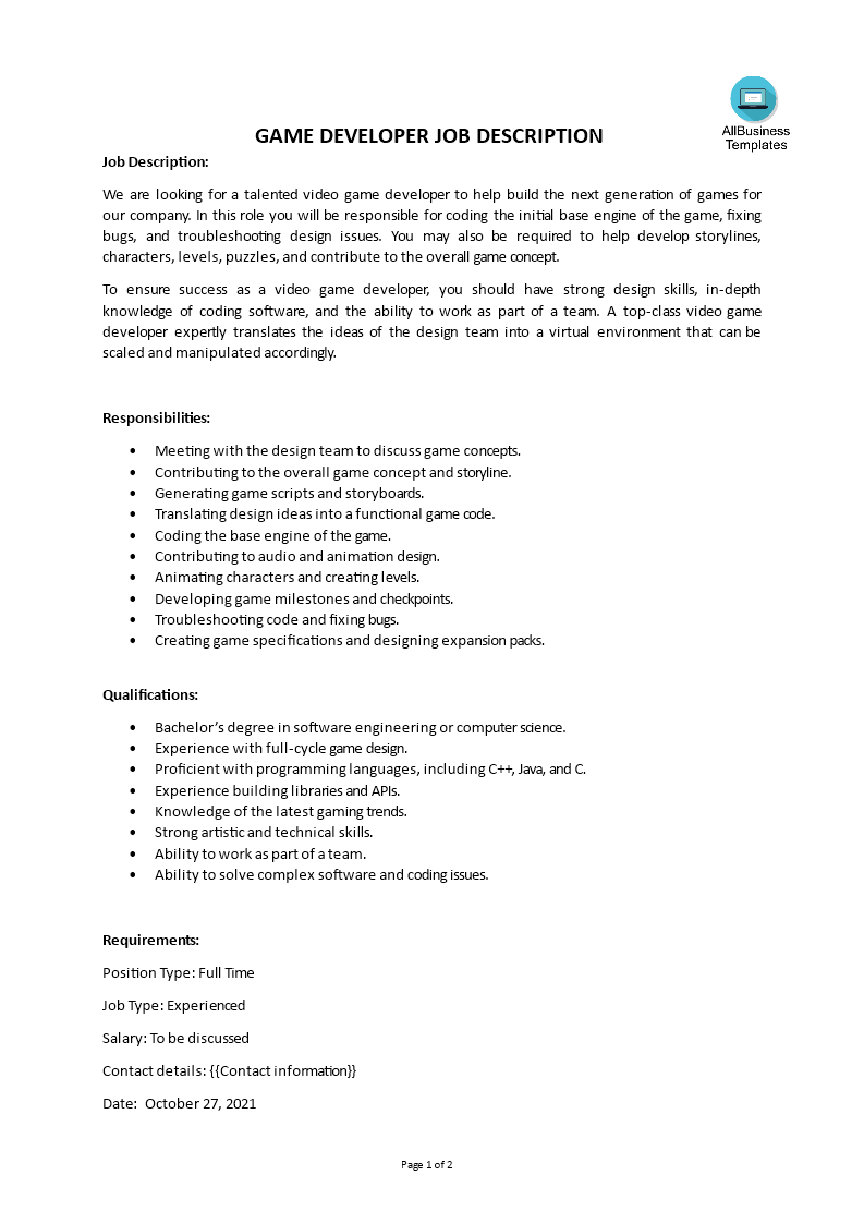 Kostenloses Game Developer Job Description