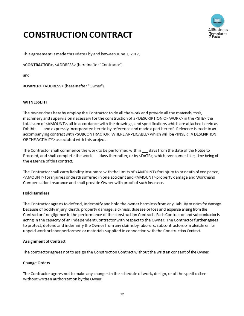 Construction Contract Example Modèle Professionnel