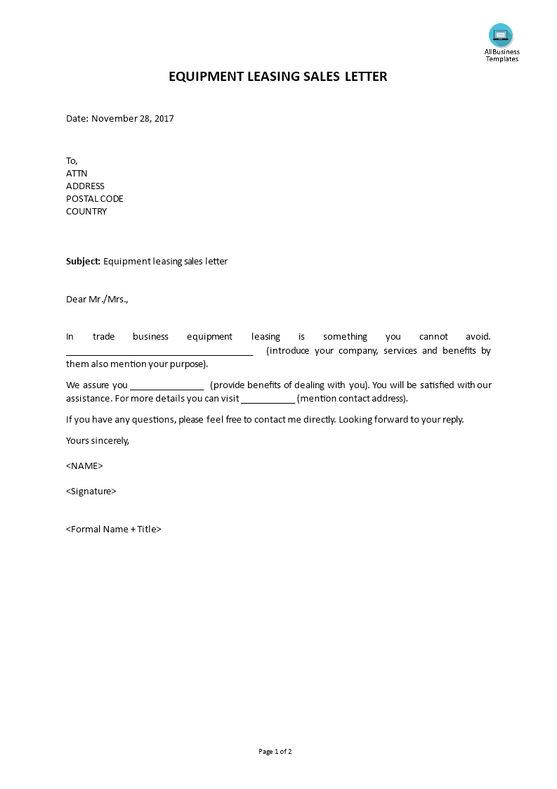 equipment leasing sales letter template