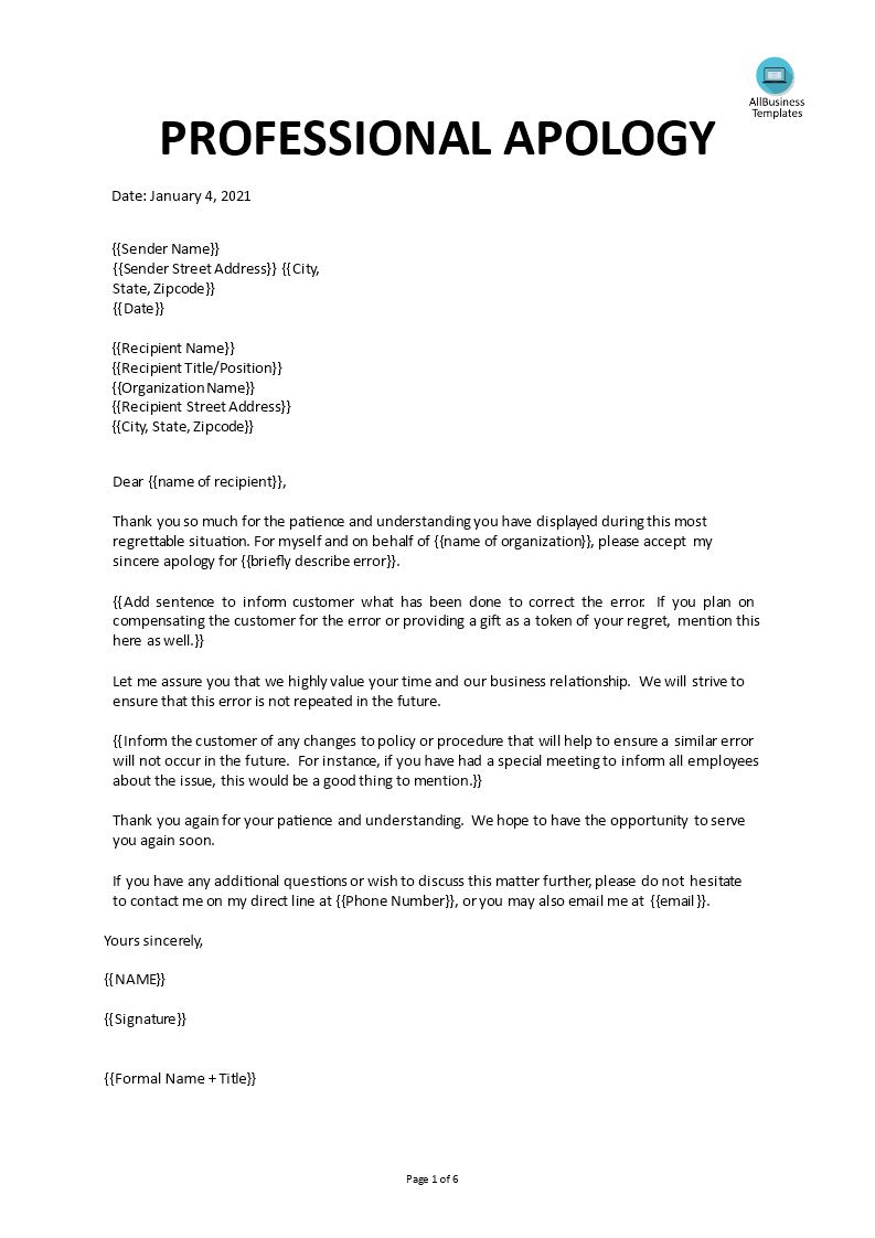 Professional Business Apology Letter Templates At Allbusinesstemplates Com