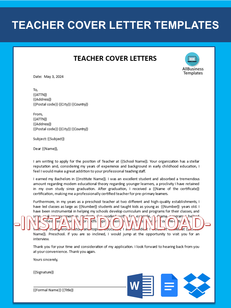 letter of application teacher example