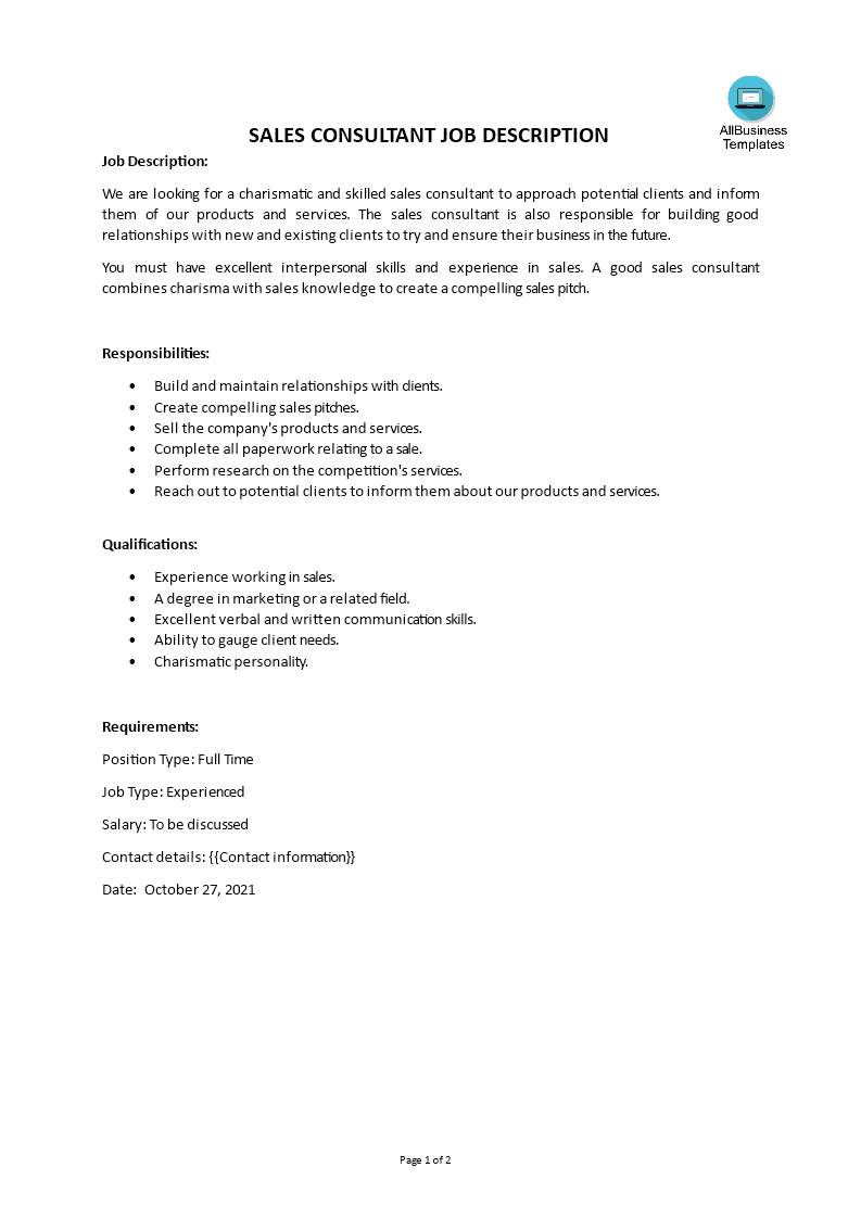 Gratis Retail Sales Consultant Job Description