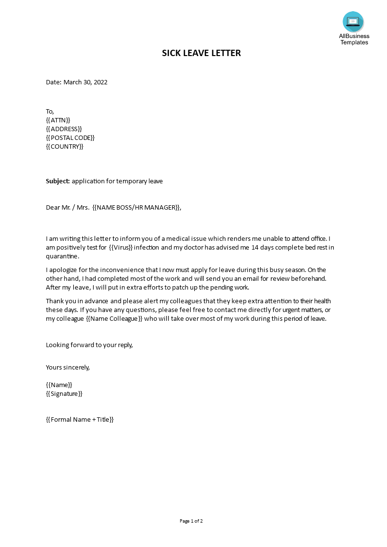 Excessive sick leave warning letter | Templates at allbusinesstemplates.com