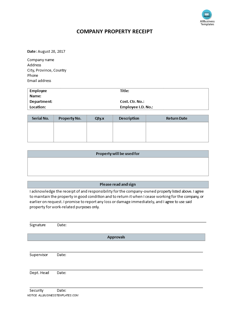 Company Property Receipt Templates At Allbusinesstemplates