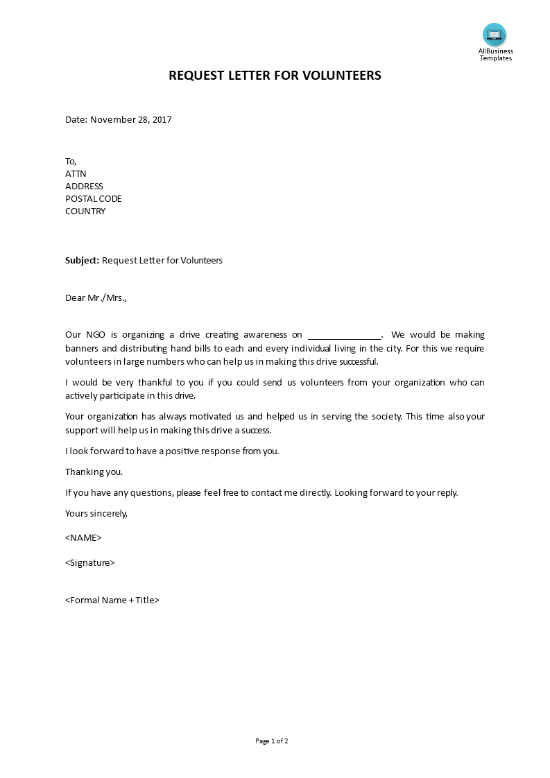 request letter for volunteers template