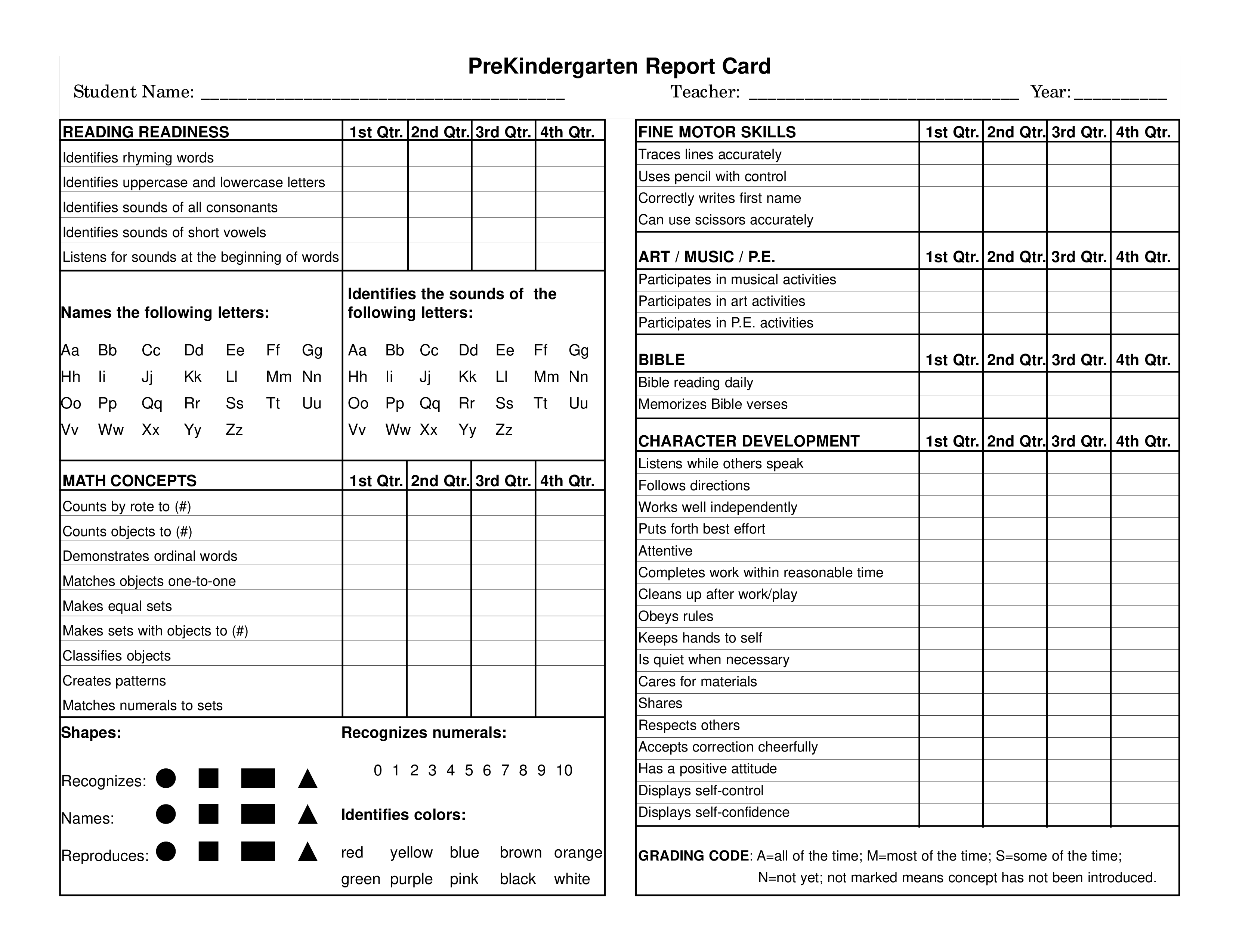 Kostenloses Preschool Report Card