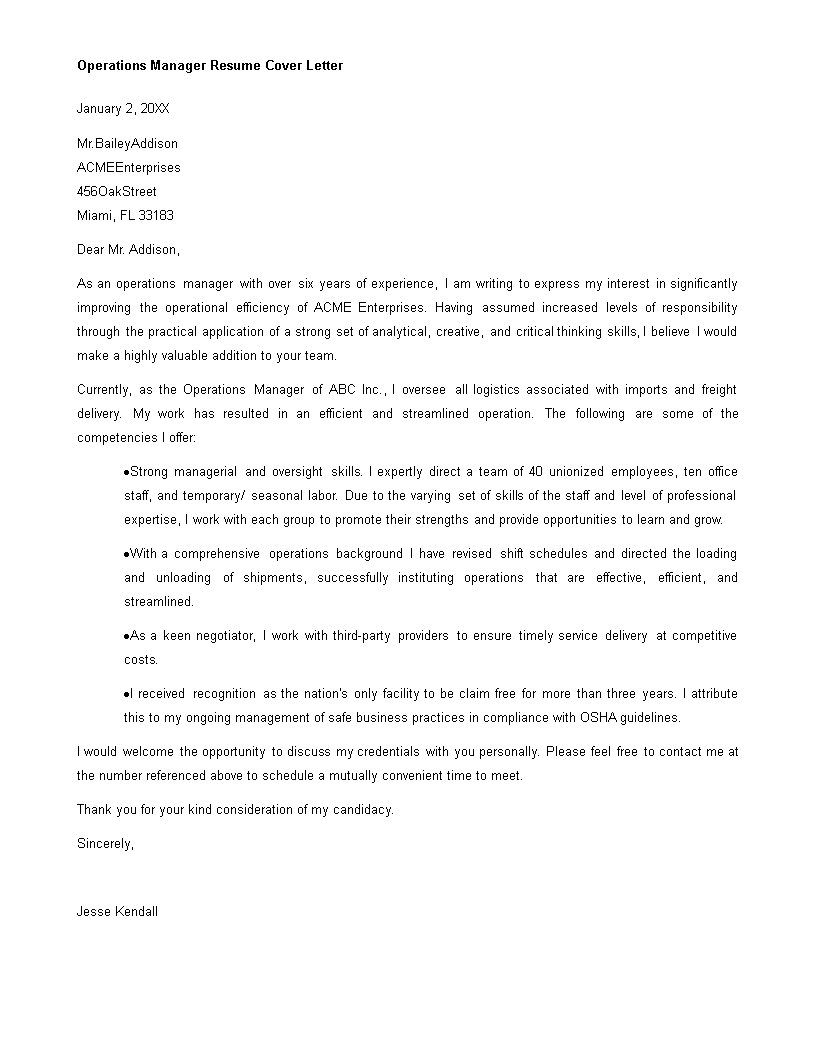 Operations Manager Cover Letter Template Free - 200+ Cover ...