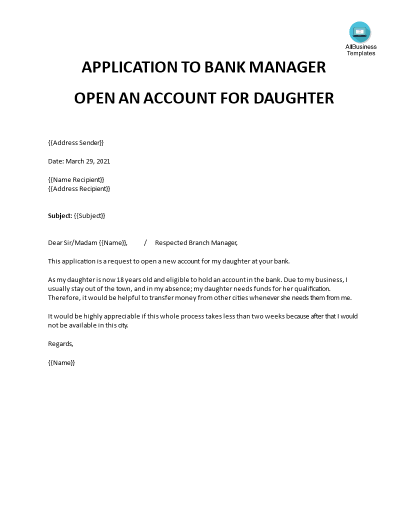 application letter to open a new bank account