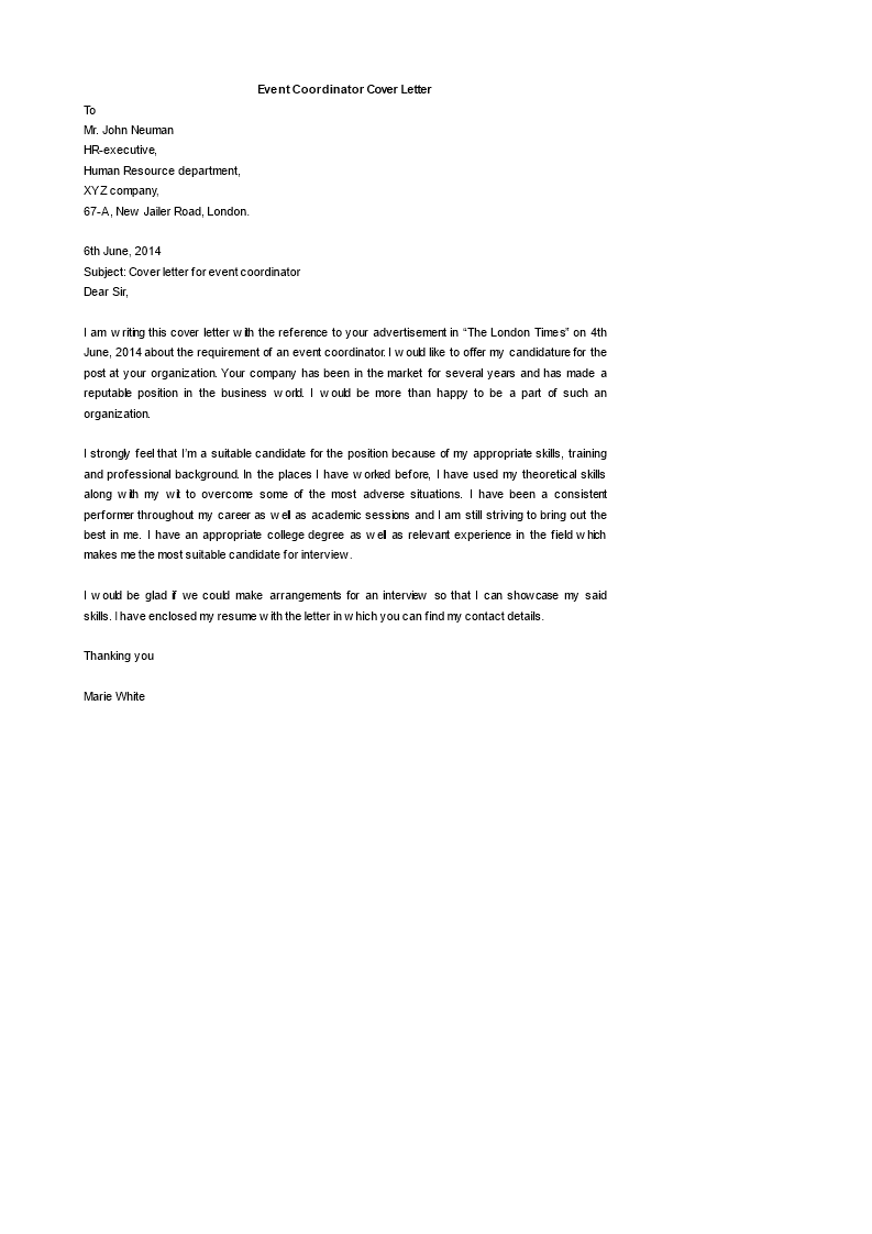 cover letter template for event management position