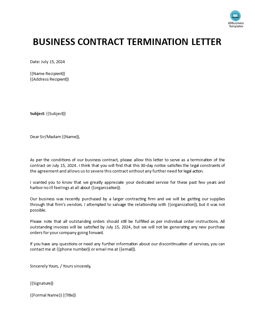 Contract Termination Letter to stop business | Templates at ...