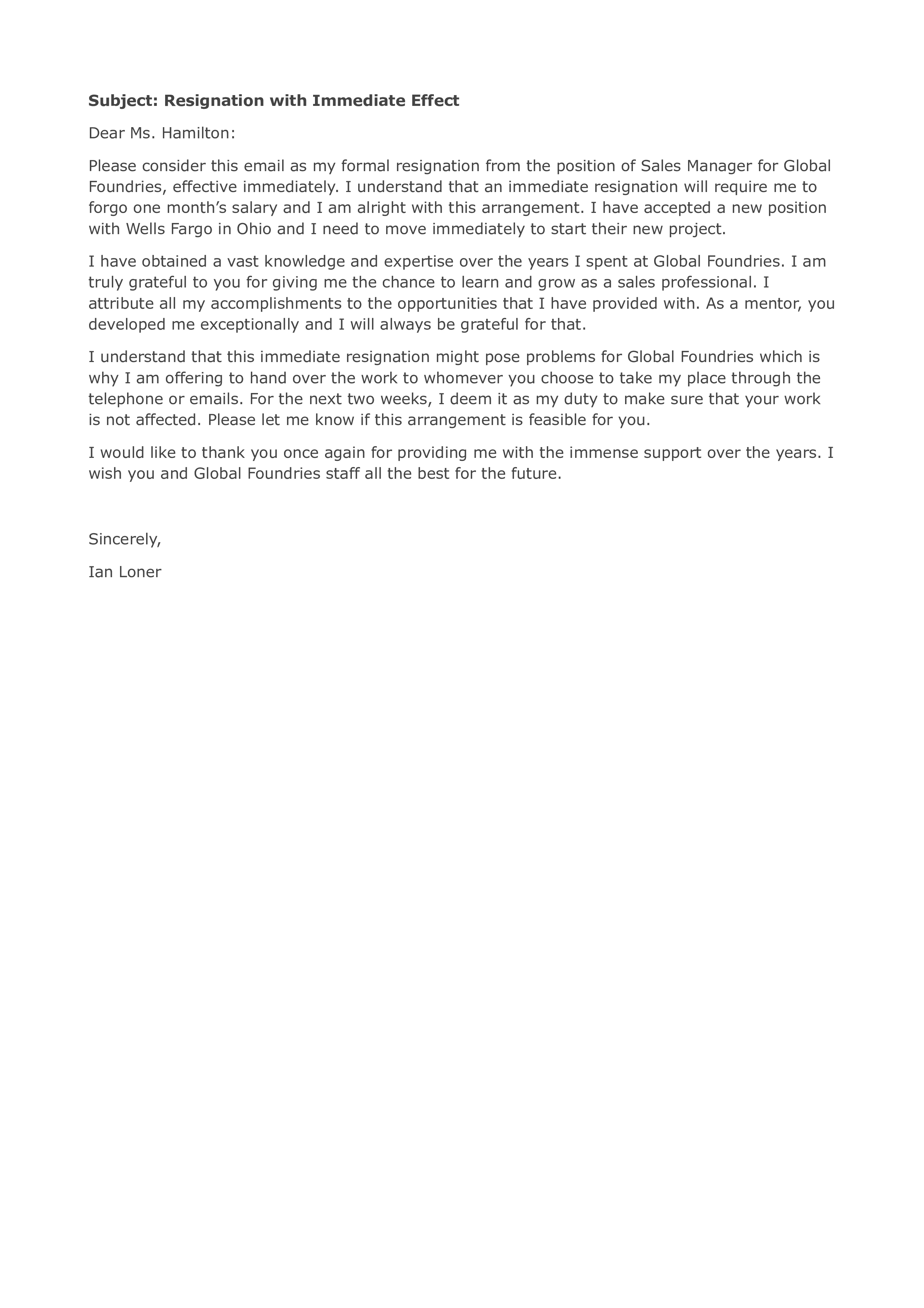 Immediate Resignation Letter By Email Templates At 