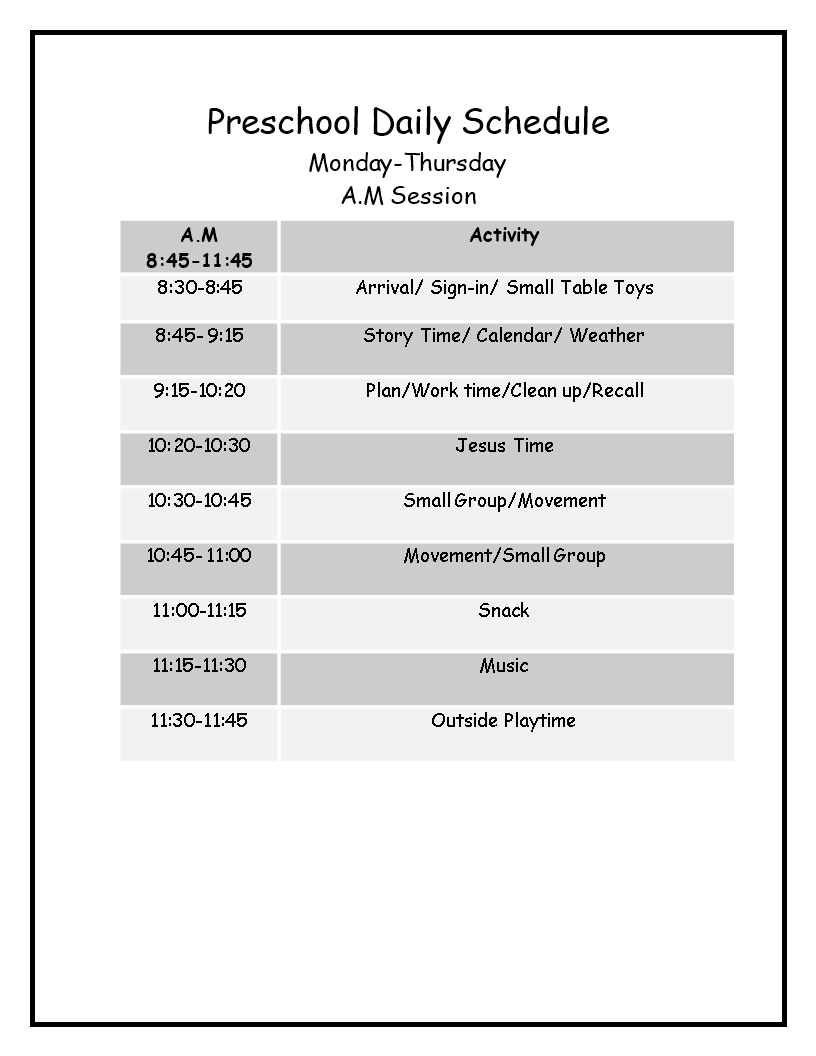 preschool daily schedule template