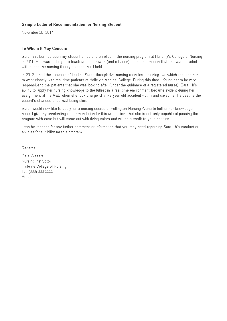 letter of recommendation for nursing student plantilla imagen principal