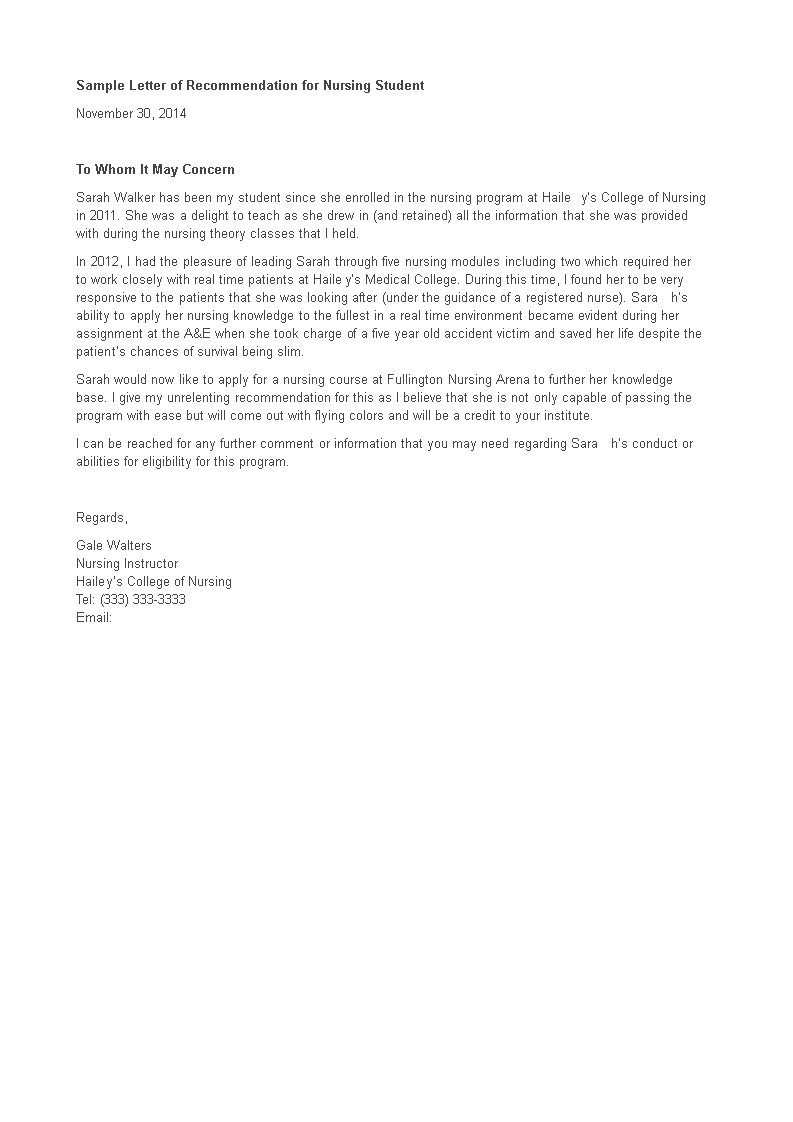 Letter Of Recommendation Template Nursing